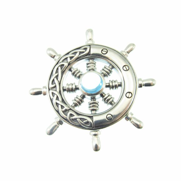 Solid 925 Sterling Silver Celtic Ship Wheel Helm Nautical Pendant w/ Gemstone - Picture 7 of 13